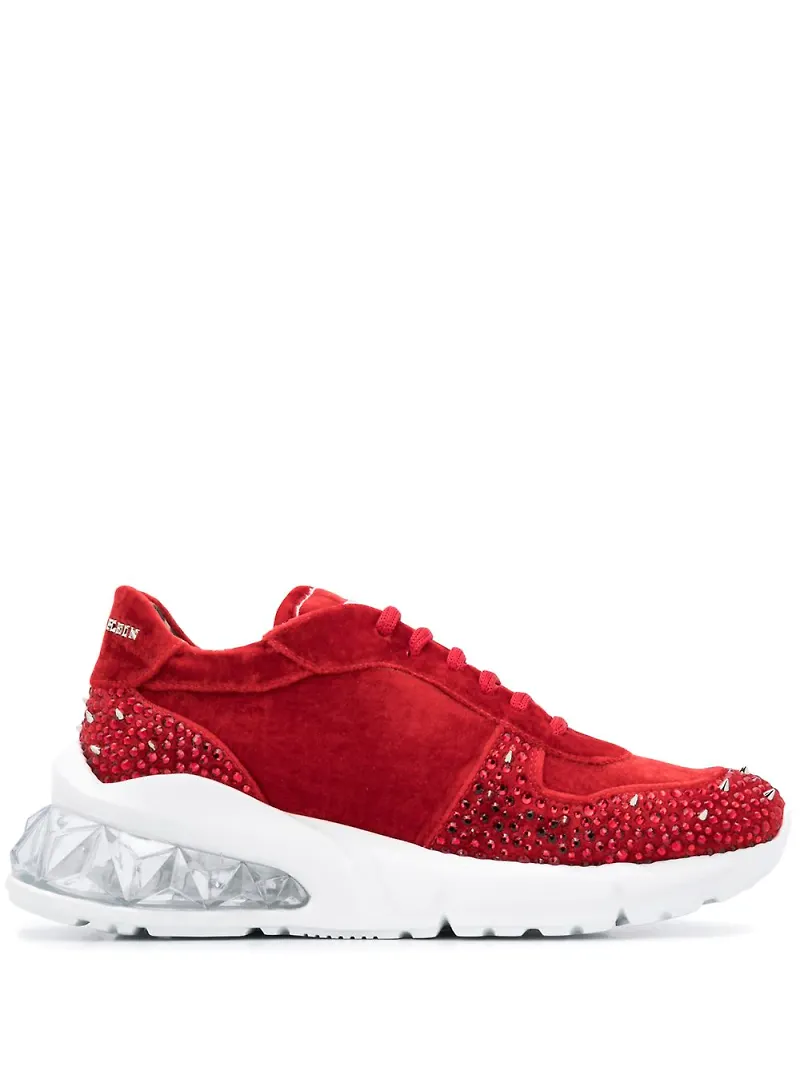 Philipp Plein låga nitade sneakers i sammet - Röd