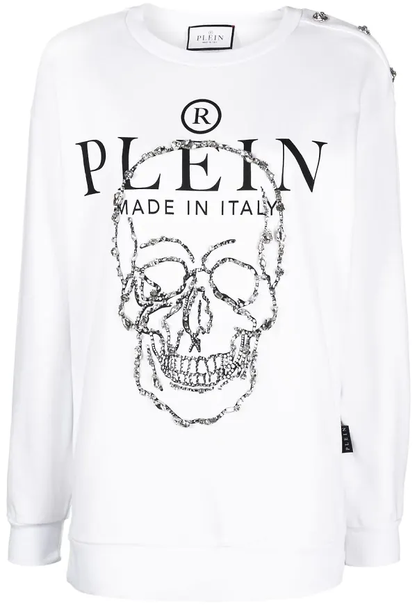 Philipp Plein långärmad t-shirt med strassprydd logotyp - Vit