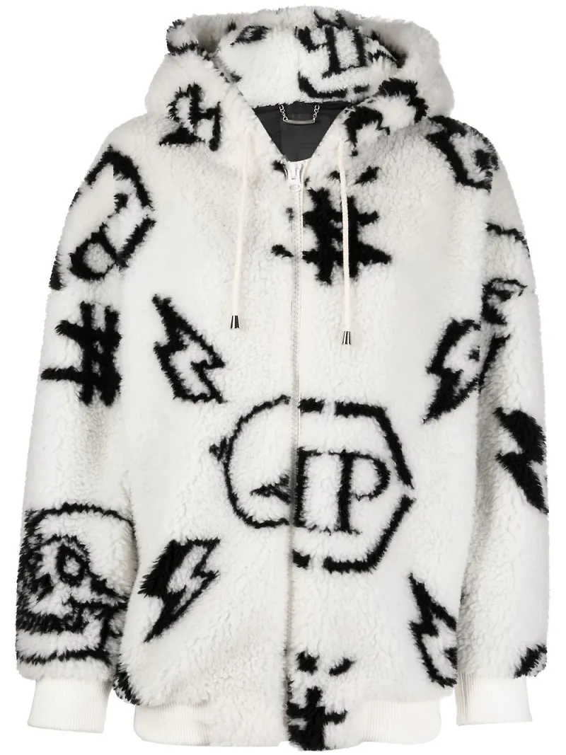 Philipp Plein mönstrad hoodie med dragkedja - Vit