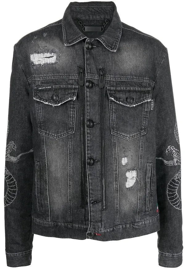 Philipp Plein ormskinnsmönstrad jeansjacka - Grå