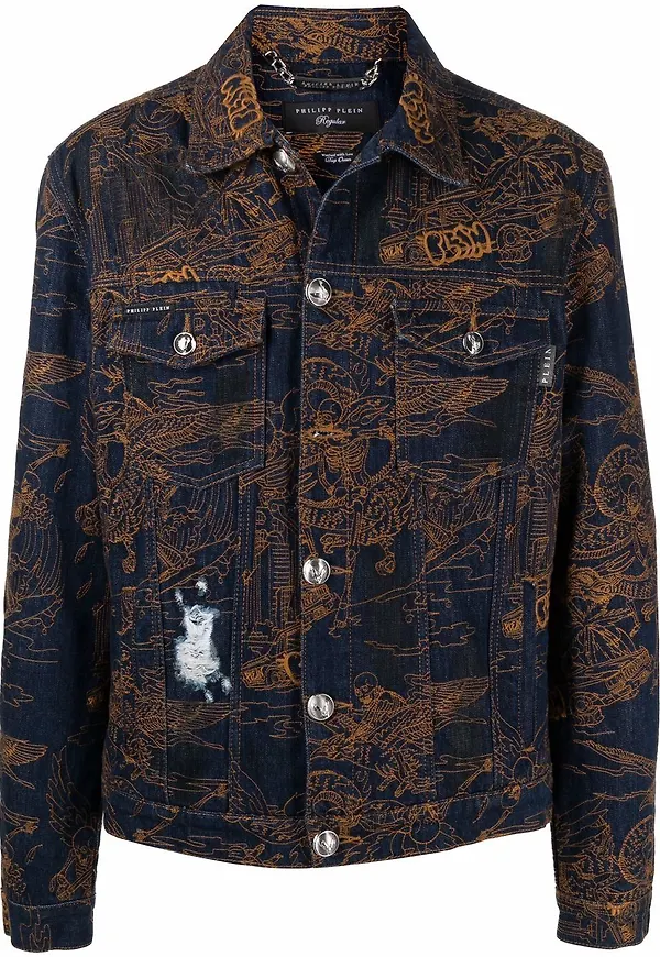 Philipp Plein Skeleton Tattoo jeansjacka - Blå
