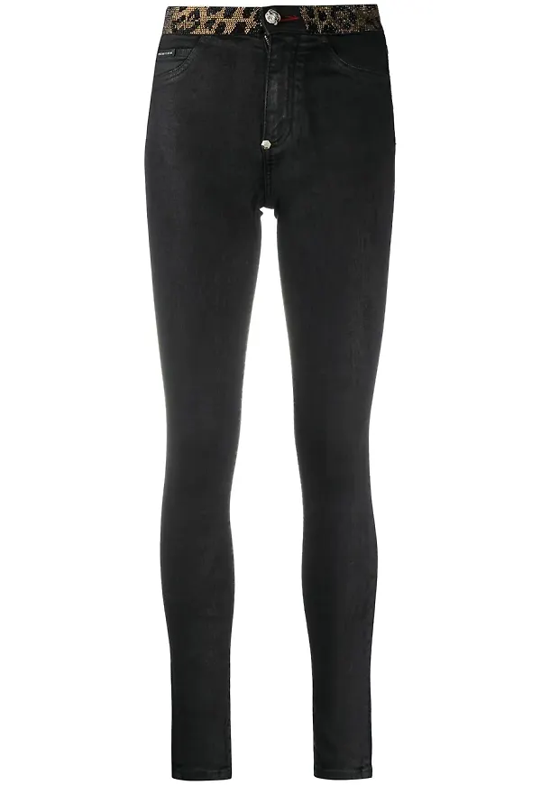 Philipp Plein skinny-jeans med leopardmönstrad kant - Svart