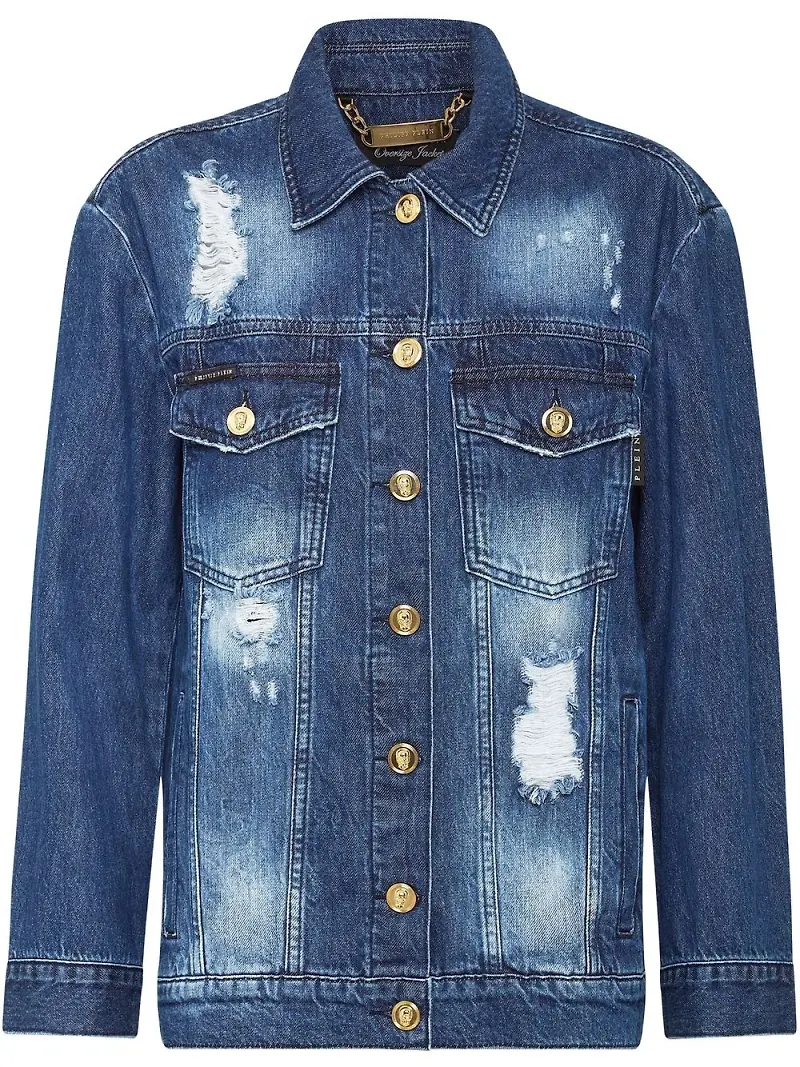 Philipp Plein sliten jeansjacka med präglade knappar - Blå