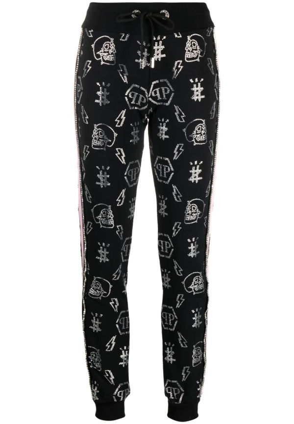 Philipp Plein strassprydda mjukisbyxor med monogram - Svart