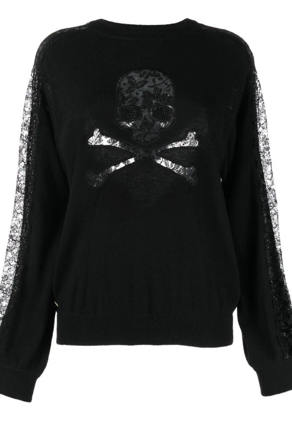 Philipp Plein sweatshirt med spetspanel och dödskalle - Svart