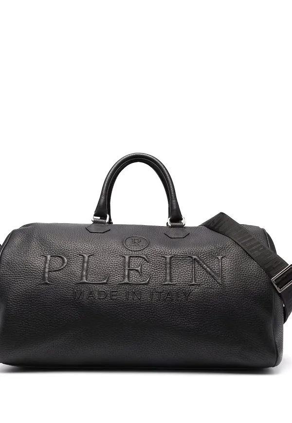 Philipp Plein weekendväska i kornigt läder med logotyp - Svart