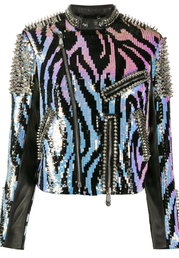 Philipp Plein zebramönstrad skinnjacka i biker-modell - Svart