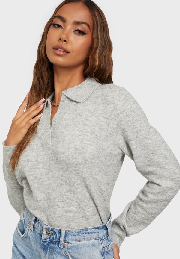 Pieces - Stickade tröjor - Light Grey Melange - Pcflavia Ls Polo Wool Knit Bc - Tröjor - Knitted sweaters