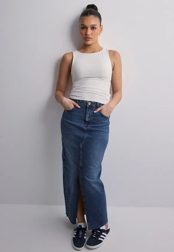 Pieces - Blå - Pcjessie Hw Ankle Denim Skirt Noos