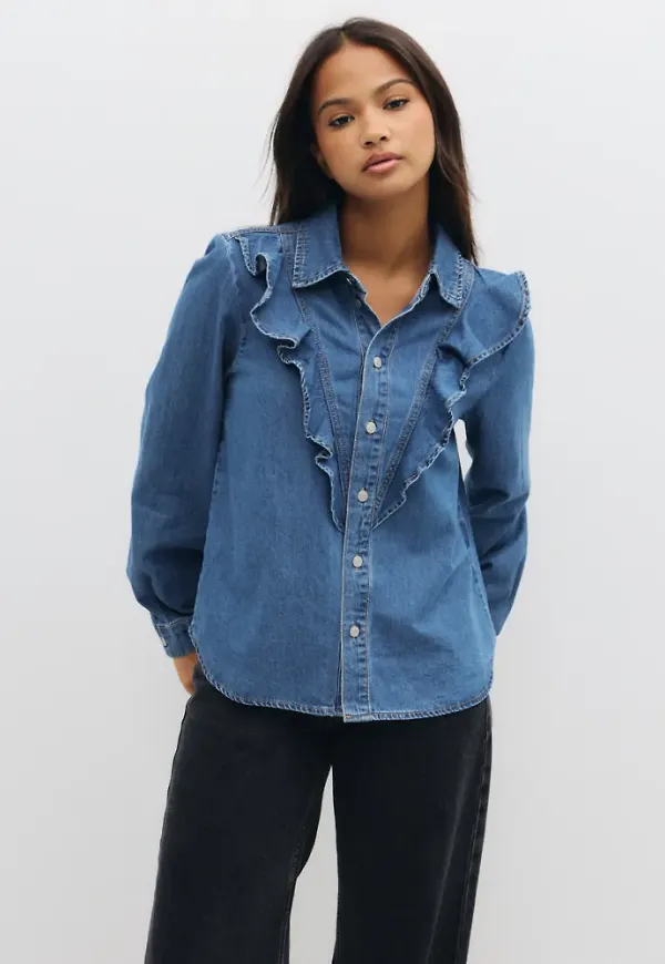 Pieces - Blå - Pceva Ls Ruffle Shirt Dnm