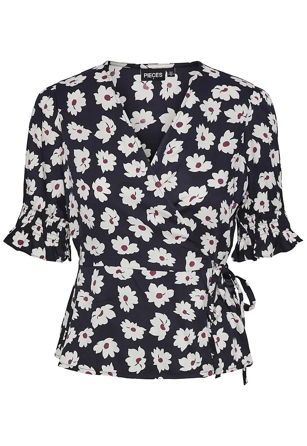 PIECES Blus 'Nika' mörkblå / rubinröd / vit