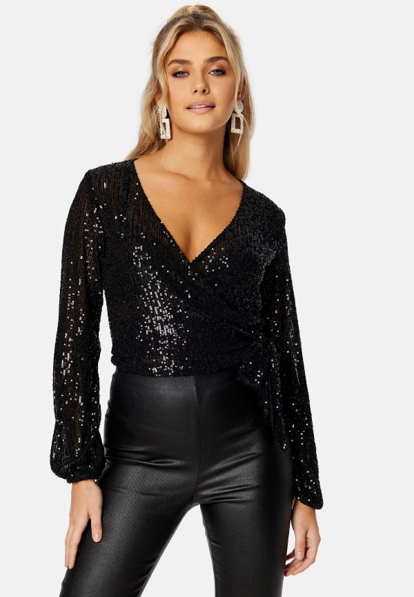 Pieces Delphia LS Wrap Top Black XS