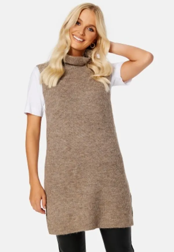 Pieces Ellen Rollneck Long Knit Vest Fossil M