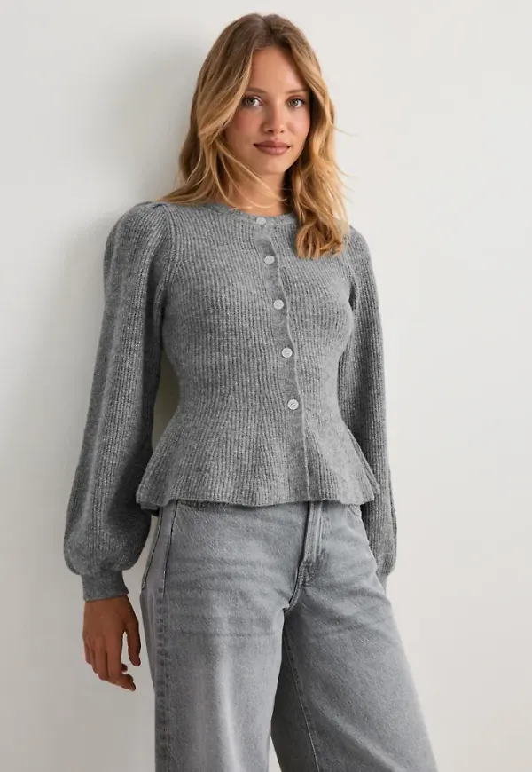 Pieces - Grå - Pcsilly Ls Puff Knit Cardigan Noos