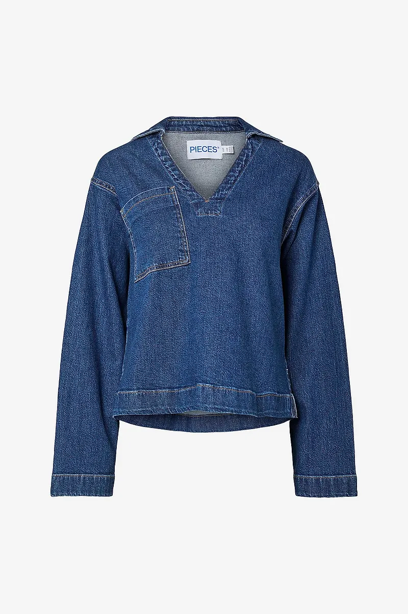 pieces - Jeansblus pcSilke LS Denim V-neck D2d F - Blå