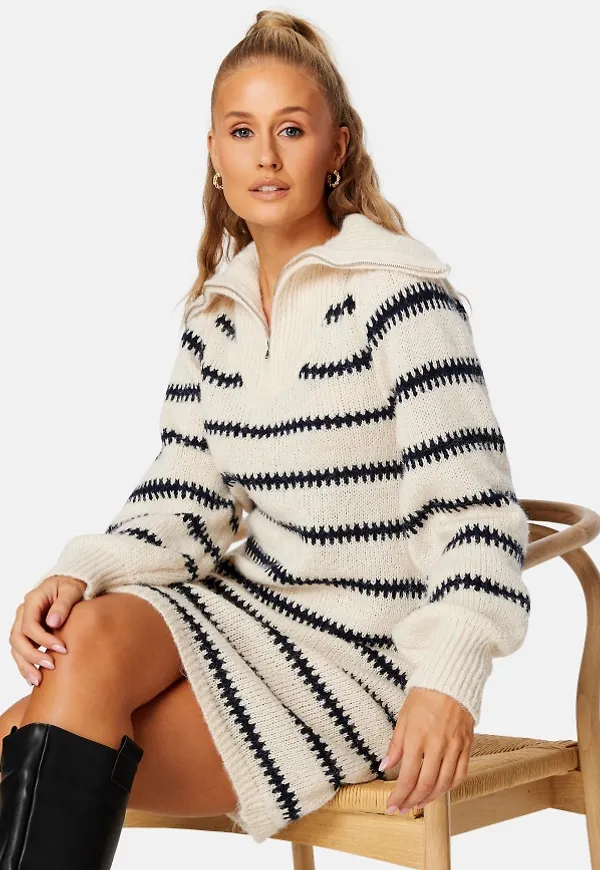 Pieces Nadine LS Half Zip Dress Buttercream Stripes M