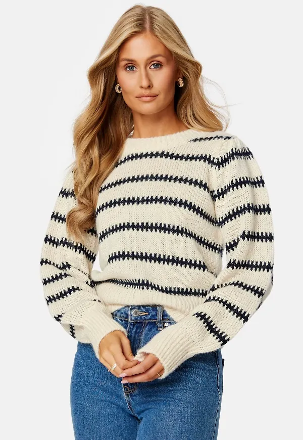 Pieces Nadine LS O-Neck Knit Buttercream Stripes: M