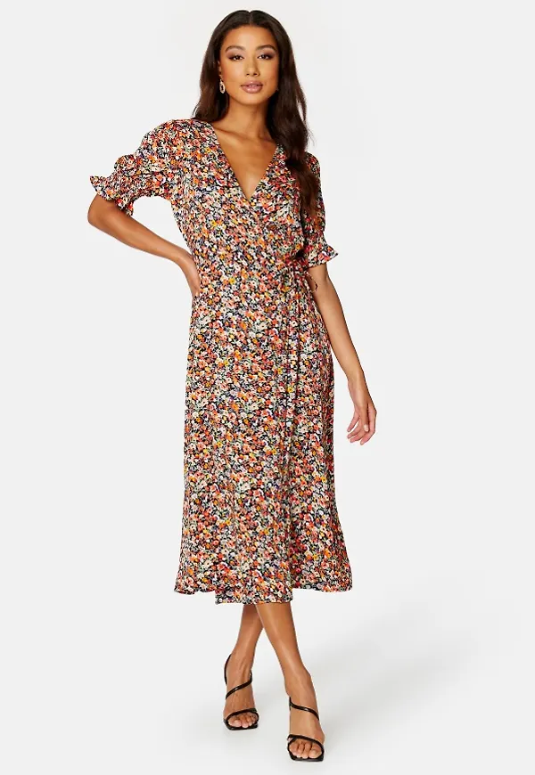 Pieces Nika SS Midi Wrap Dress Tangrine Tango AOP:F XS