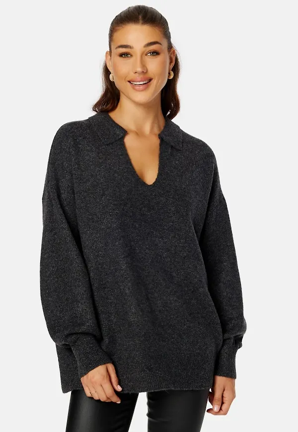 Pieces Noola LS Oversized Polo Knit Dark Grey Melange M