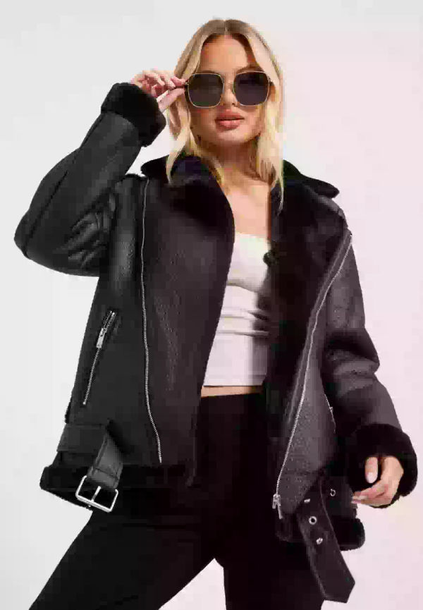 Pieces Pcdora Aviator Jacket Bf Pälsjackor Svart