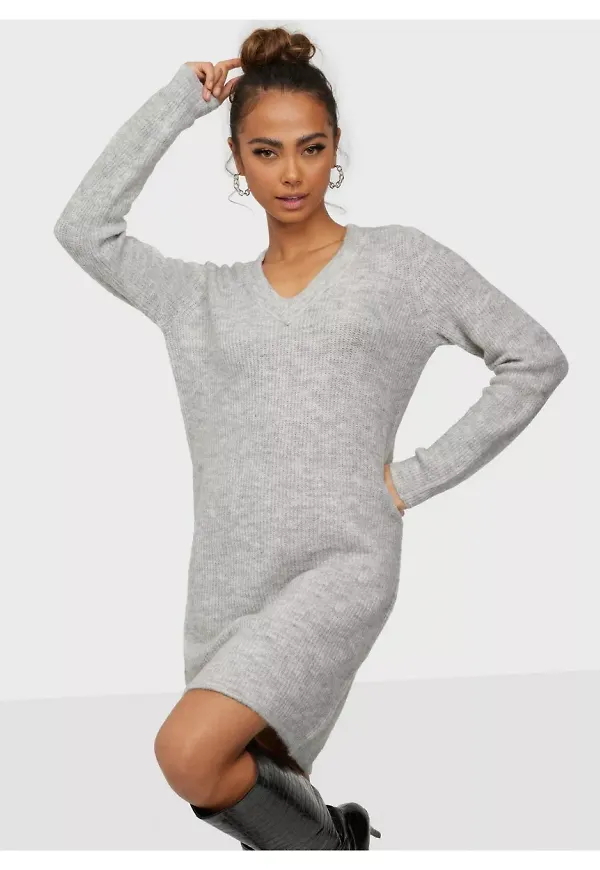 Pieces Pcellen Ls V-Neck Knit Dress Noos B Stickade klänningar Light Grey Melange