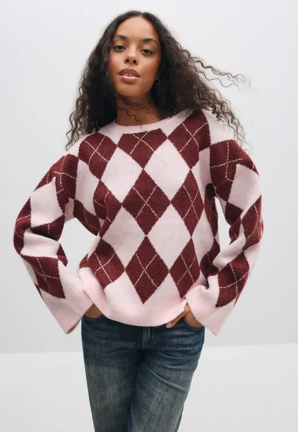 Pieces - Röd - Pcalva Ls Loose O-Neck Check Knit