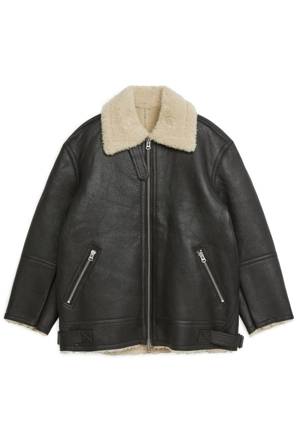Pile-Lined Leather Jacket - Black