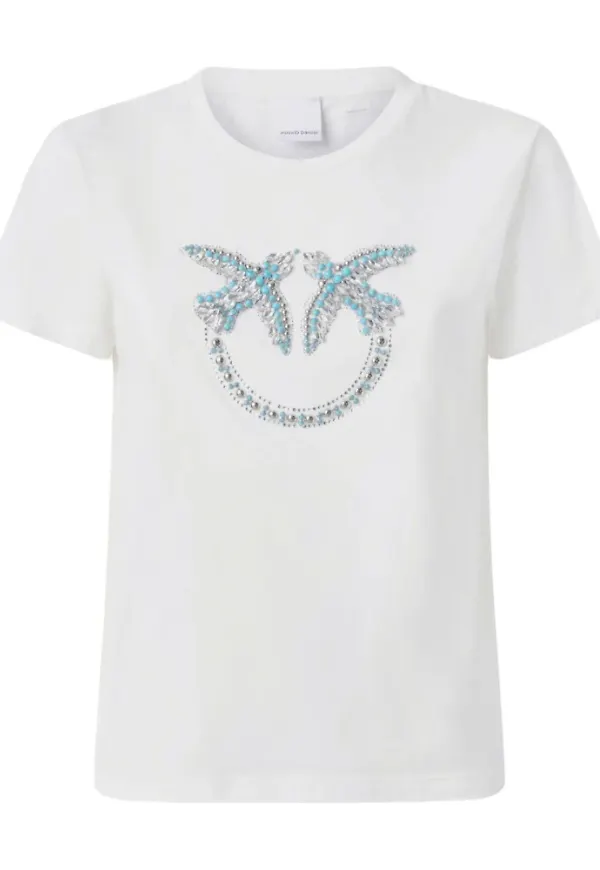 Pinko, Topp, Dam, XS, Bomull, Vit Love Birds Logo T-shirt