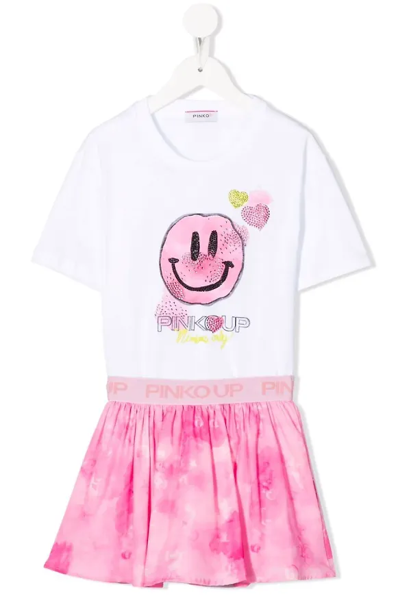 Pinko Kids t-shirtklänning med smiley-ansikte - Vit