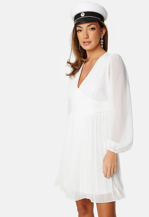 Pleated L S Chiffon Dress White