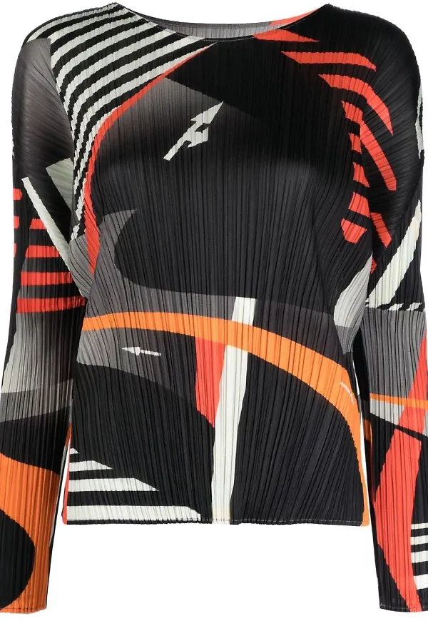 Pleats Please Issey Miyake Free Way plisserad topp med grafiskt tryck - Svart