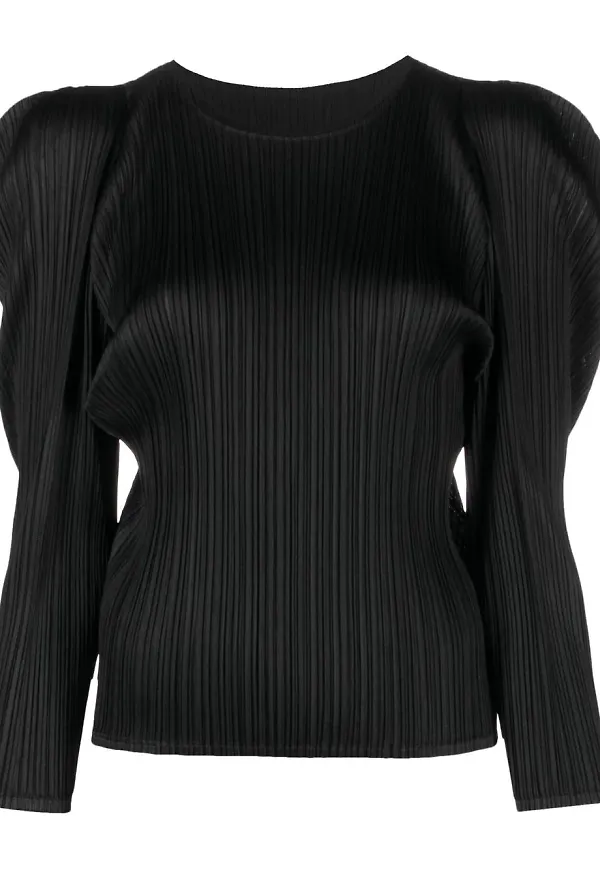 Pleats Please Issey Miyake Oval plisserad blus med puffärm - Svart