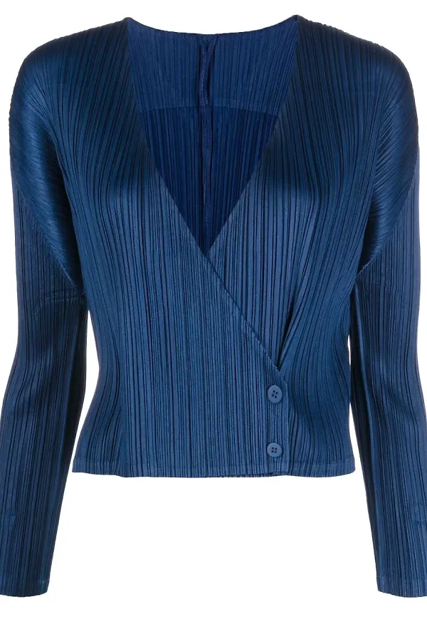 Pleats Please Issey Miyake plisserad omlottopp med osydd fåll - Blå