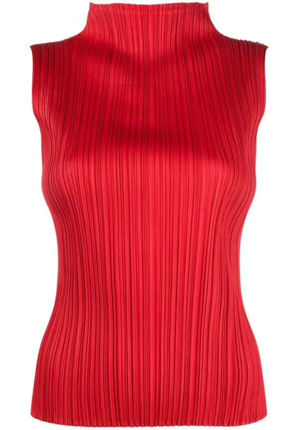 Pleats Please Issey Miyake plisserad topp med halvpolokrage - Röd
