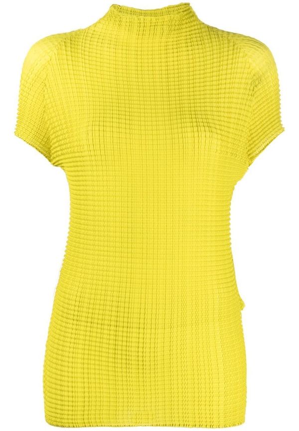 Pleats Please Issey Miyake plisserad topp med hög krage - Gul