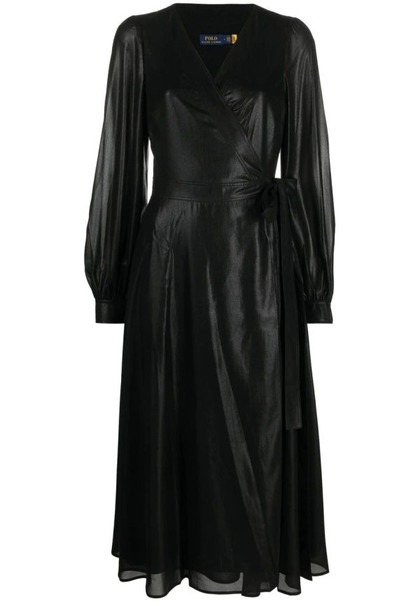 CD 7475 -Split Bloused Long Sleeve Satin Pleated Wrap Dress With