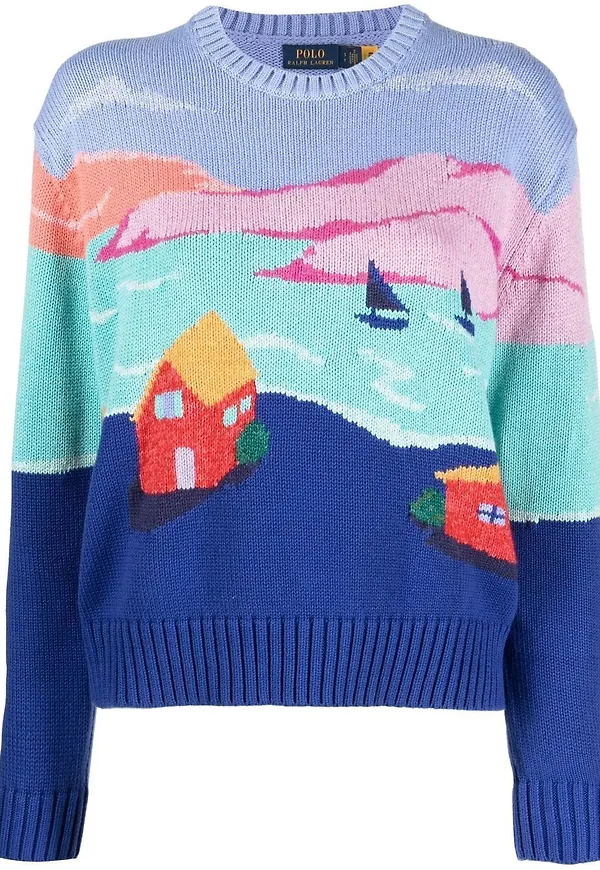 Polo Ralph Lauren stickad tröja med grafiskt tryck - Blå