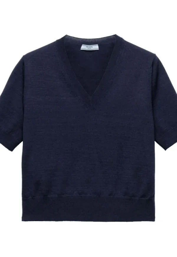 Prada, Stickade tröjor & koftor, Dam, S, Navy Blue V-Neck Ribbed T-shirt