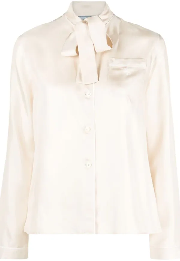 Prada blus med knytkrage - Neutral