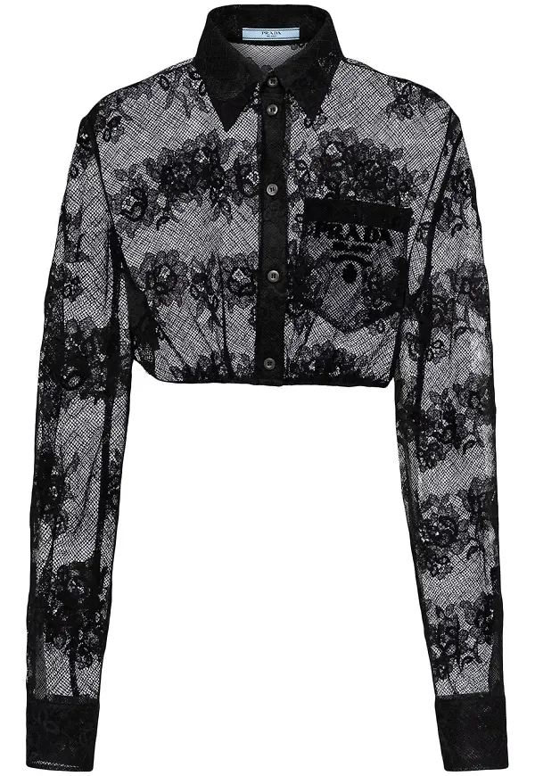 Prada Chantilly spetsskjorta med broderad logotyp - Svart