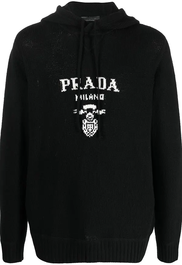 Prada intarsiastickad hoodie med logotyp - Svart