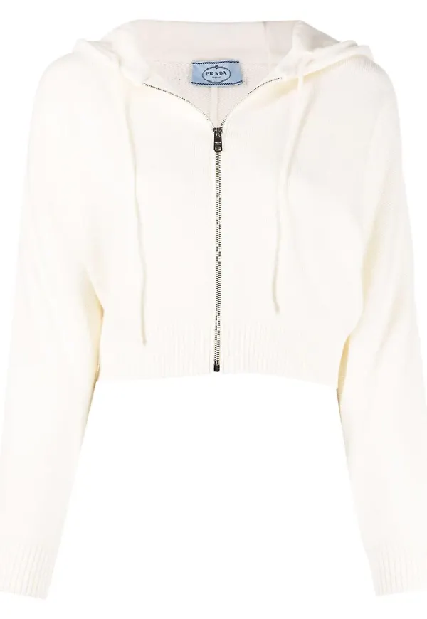 Prada kort stickad hoodie med fladdermusärm - Vit