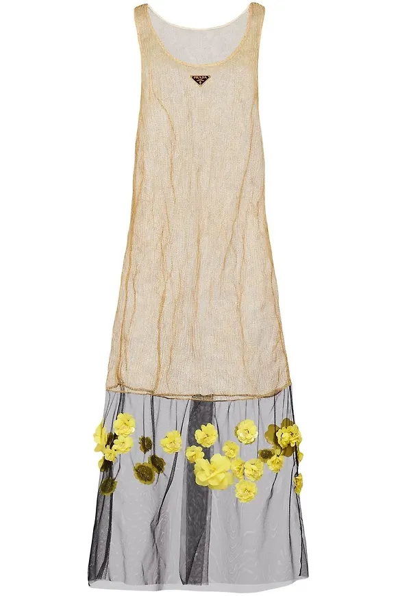 Prada midiklänning med blomsterapplikation - Guldfärgad