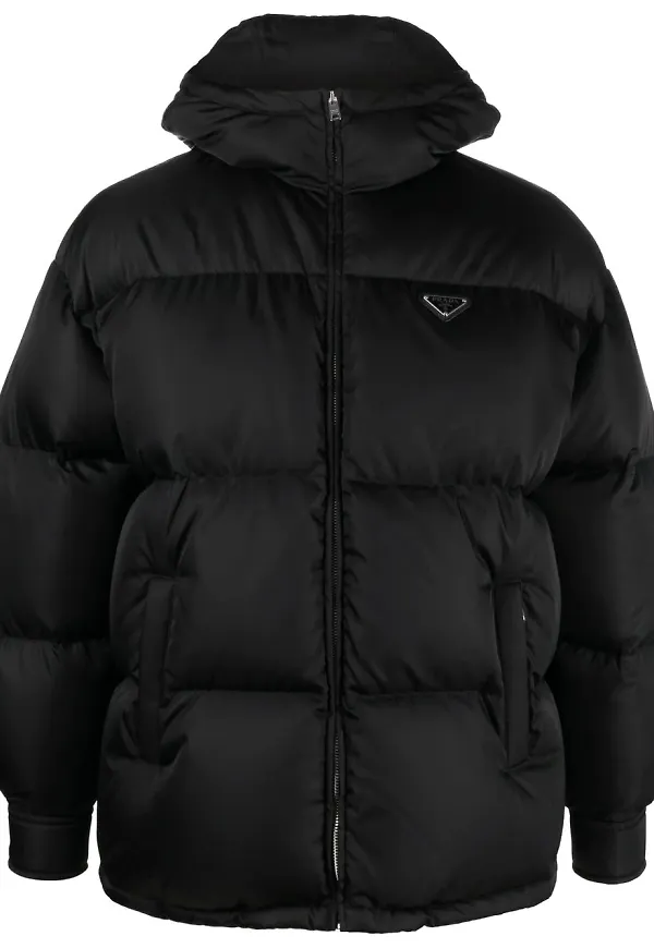 Prada puffjacka med triangelformad logotyp - Svart
