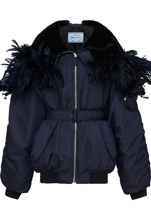 Prada Re-Nylon bomberjacka med fjäderkant - Blå