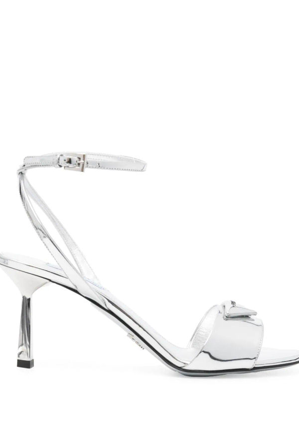 Prada remsandaler med triangelformad logotyp 80 mm - Silverfärgad