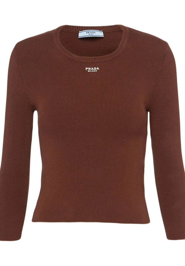 Prada ribbstickad mössa med broderad logotyp - Brun