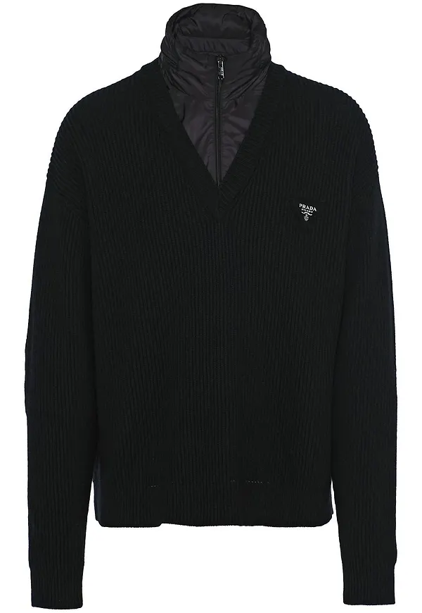 Prada ribbstickad tröja med lagerdesign - Svart