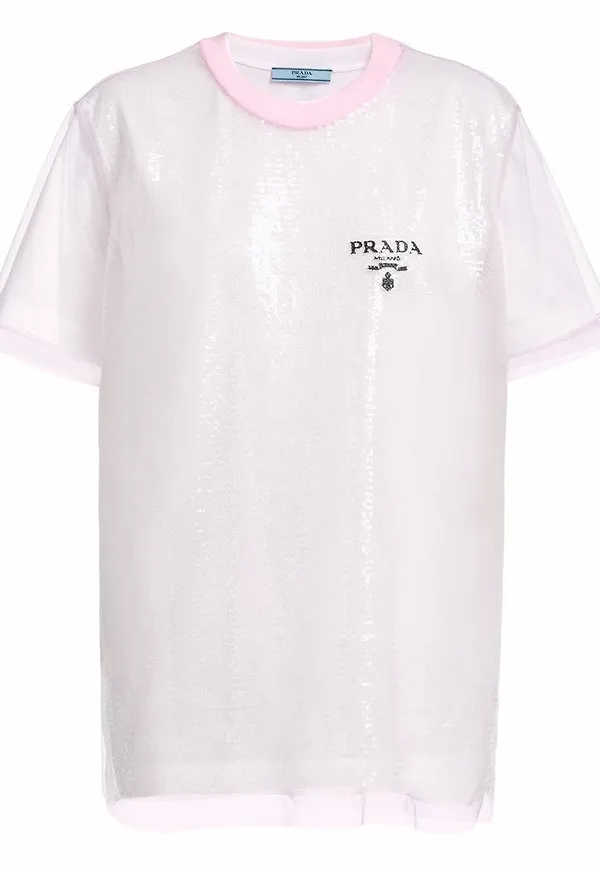Prada t-shirt med paljettbrodyr - Vit