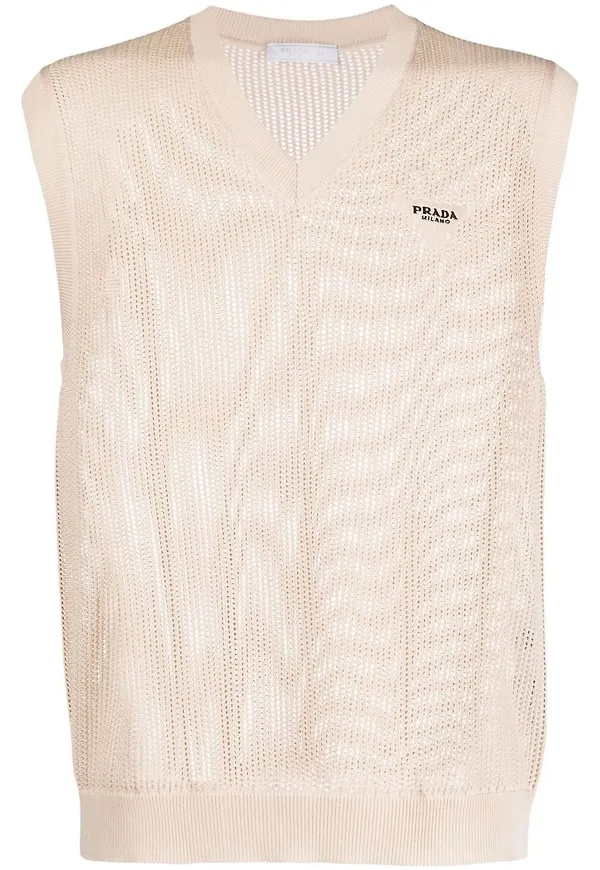 Prada triangle-logo open-knit vest - F0018 NATURALE